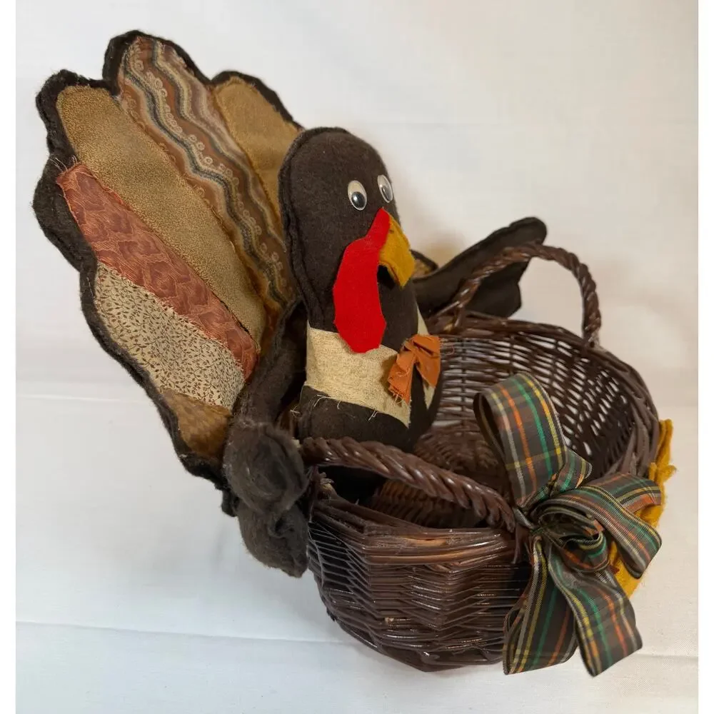 Vintage Handmade Turkey Basket Thanksgiving Decor Primitive Turkey Wicker Basket